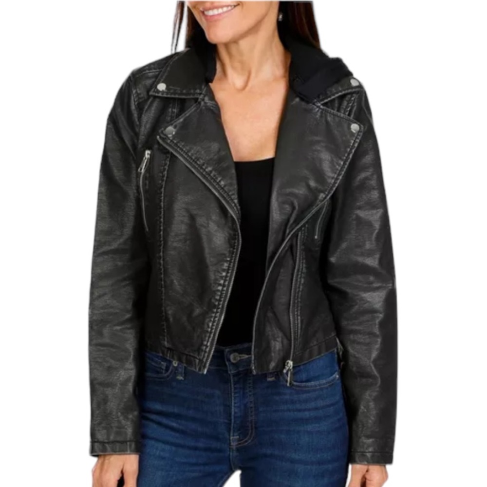 Ci Sono Women’s Faux Leather Hooded Black Moto Jacket NWT